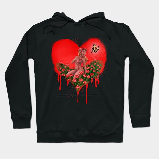 LOVE HEART with BUTTERFLY and ROSES - Graffiti Style (Red) Hoodie by MasterpieceArt